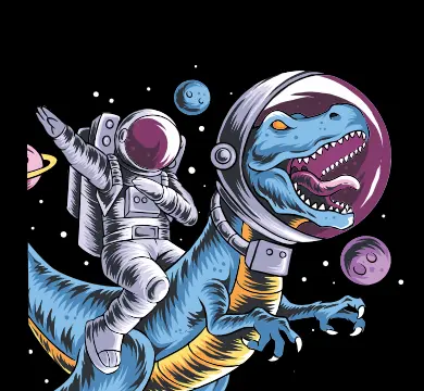 Dinossauro e astronauta, personagens da identidade visual da EJR Artes